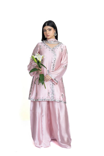 Simran powder pink Sheesha silk stitched 3PC suit with handwork and pre-stitched organza dupatta from Soroya by MariamRaj