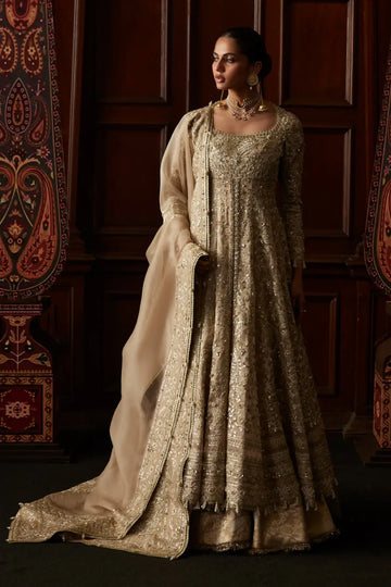 Sira champagne tissue Pishwas sharara set by Saad Bin Shahzad with Chanderi tissue, raw silk sharara and organza dupatta