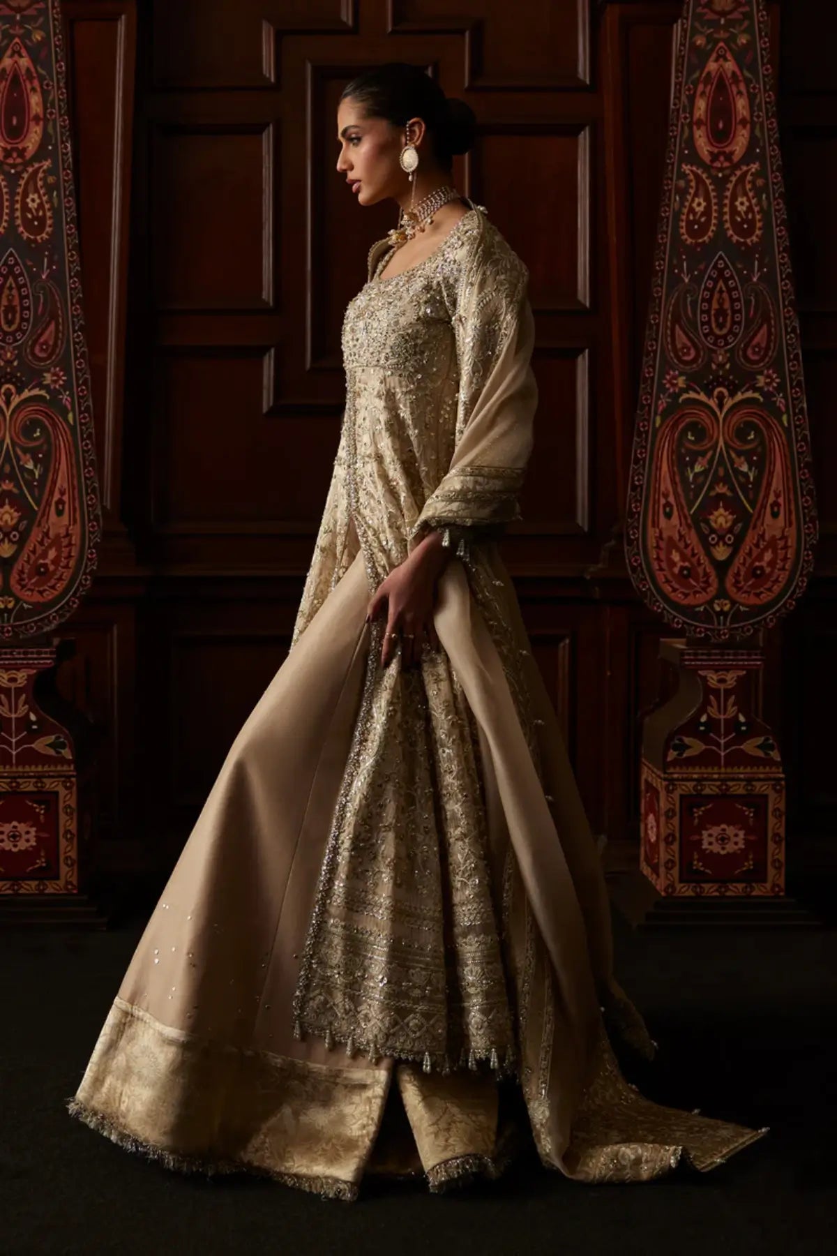 Sira champagne tissue Pishwas sharara set by Saad Bin Shahzad with Chanderi tissue, raw silk sharara and organza dupatta