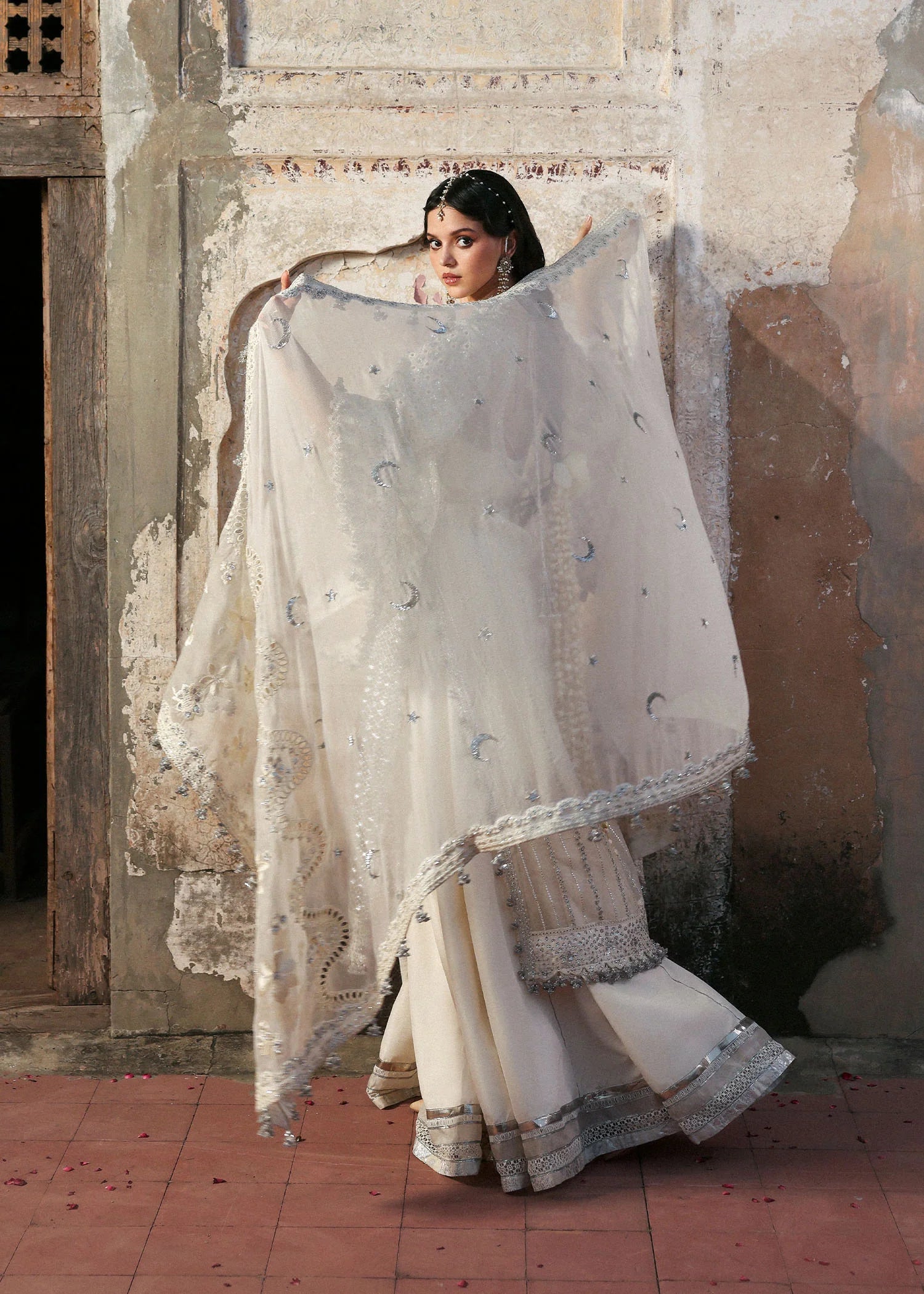 Hussain Rehar Sitara Ivory Organza Embroidered Sharara Suit Massarat Festive ’25