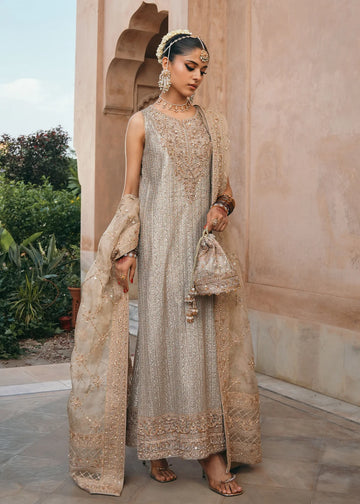 Sitara greyish brown embellished outfit with churidar pajama and organza dupatta by Kanwal Malik from the Saheli Luxury Pret Collection, ideal for festive dinners.
