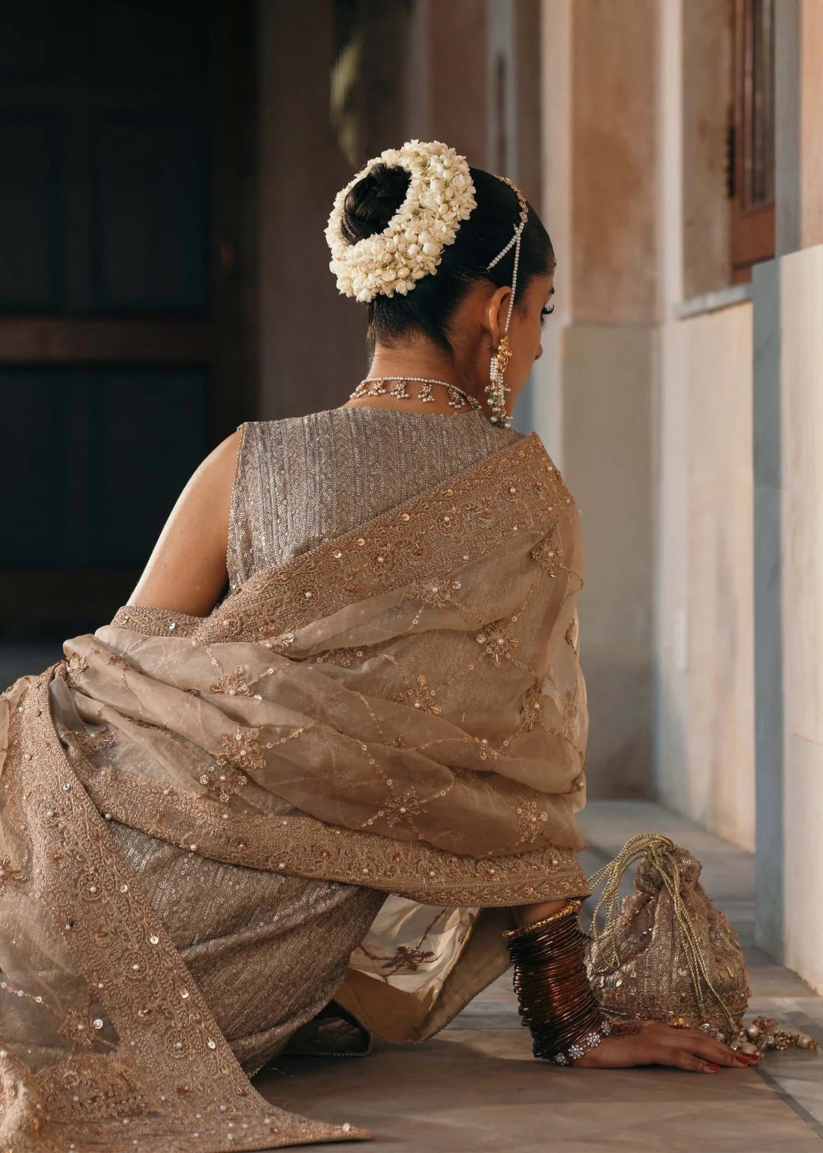 Sitara greyish brown embellished outfit with churidar pajama and organza dupatta by Kanwal Malik from the Saheli Luxury Pret Collection, ideal for festive dinners.