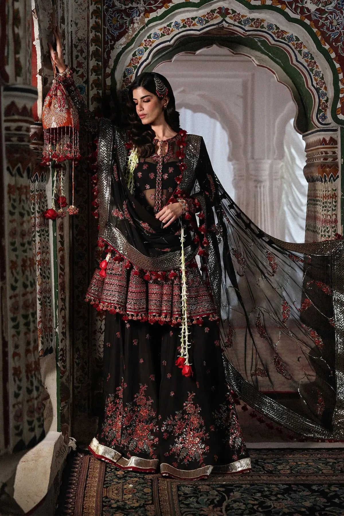 Siyara by Hussain Rehar black stitched peplum sharara 3PC with chiffon dupatta formal festive wear Pakistanimoda