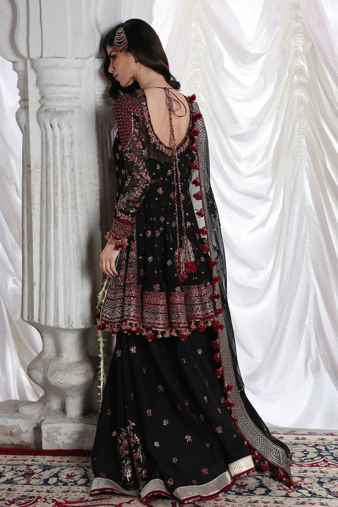 Siyara by Hussain Rehar black stitched peplum sharara 3PC with chiffon dupatta formal festive wear Pakistanimoda