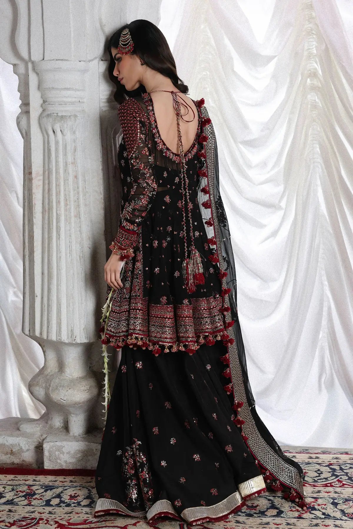 Siyara by Hussain Rehar black stitched peplum sharara 3PC with chiffon dupatta formal festive wear Pakistanimoda