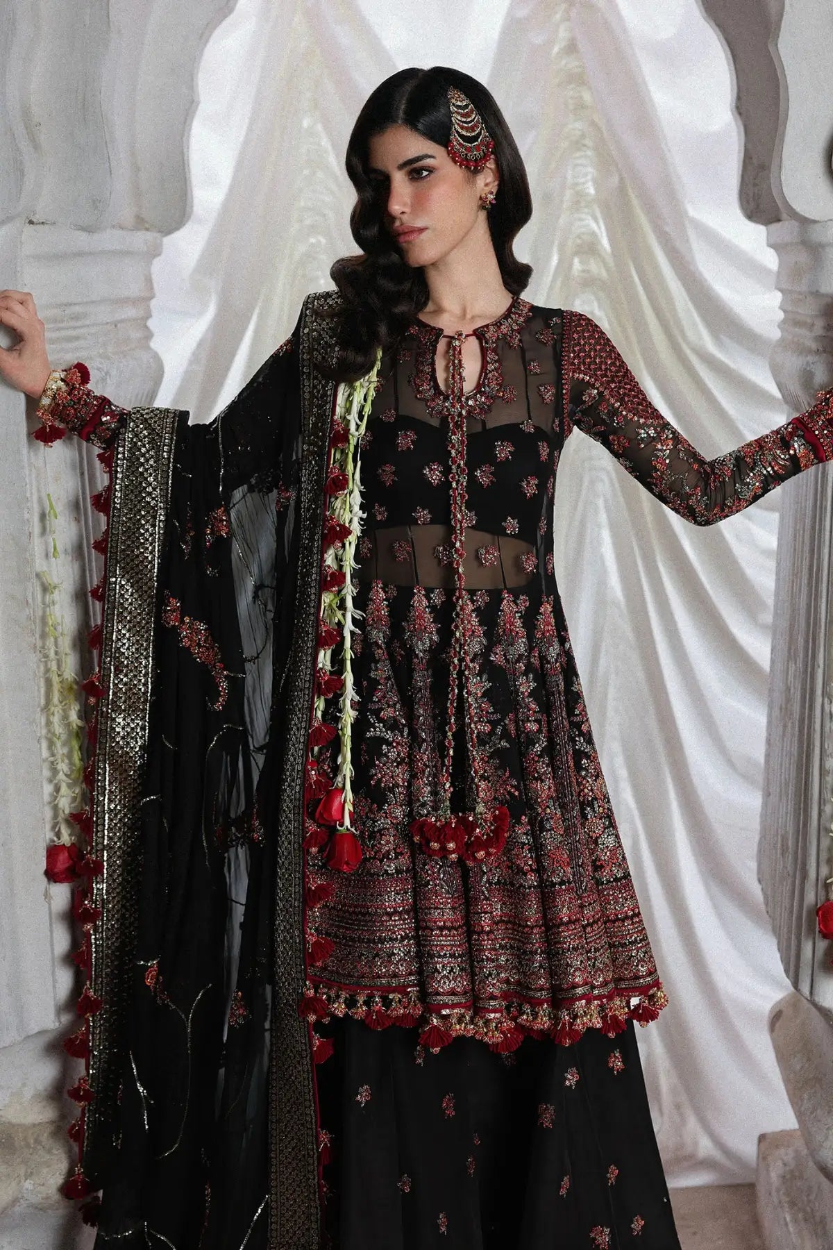 Siyara by Hussain Rehar black stitched peplum sharara 3PC with chiffon dupatta formal festive wear Pakistanimoda