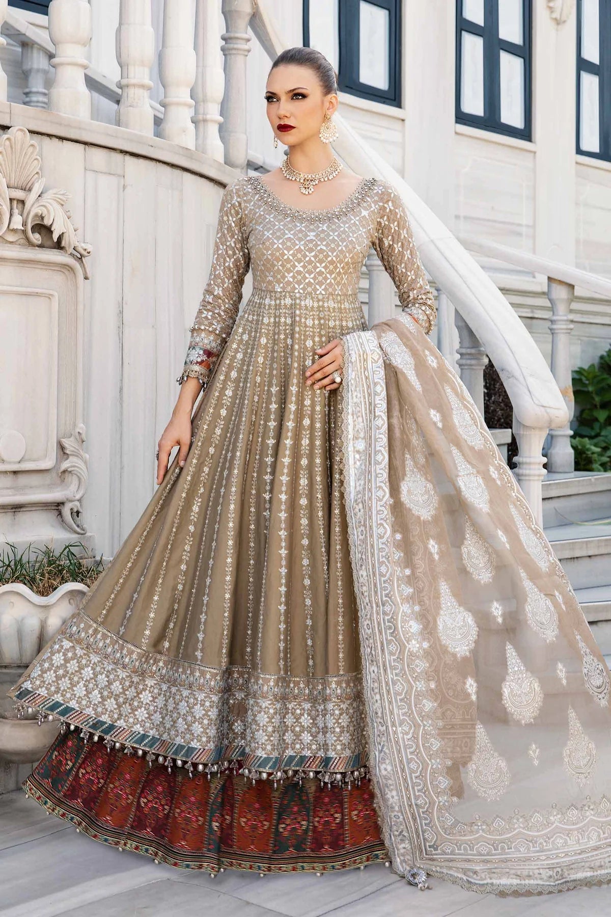 Beige Embroidered Cotton Satin Suit By Maria B