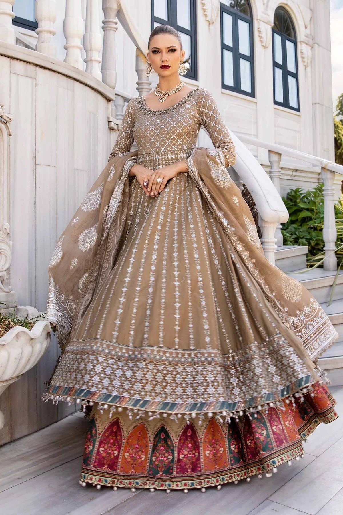 Beige Embroidered Cotton Satin Suit By Maria B