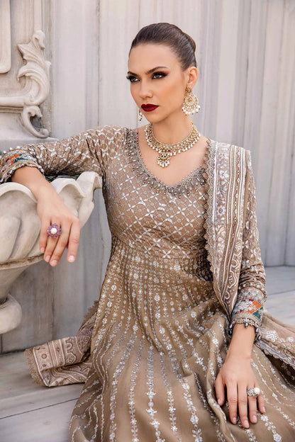 Beige Embroidered Cotton Satin Suit By Maria B