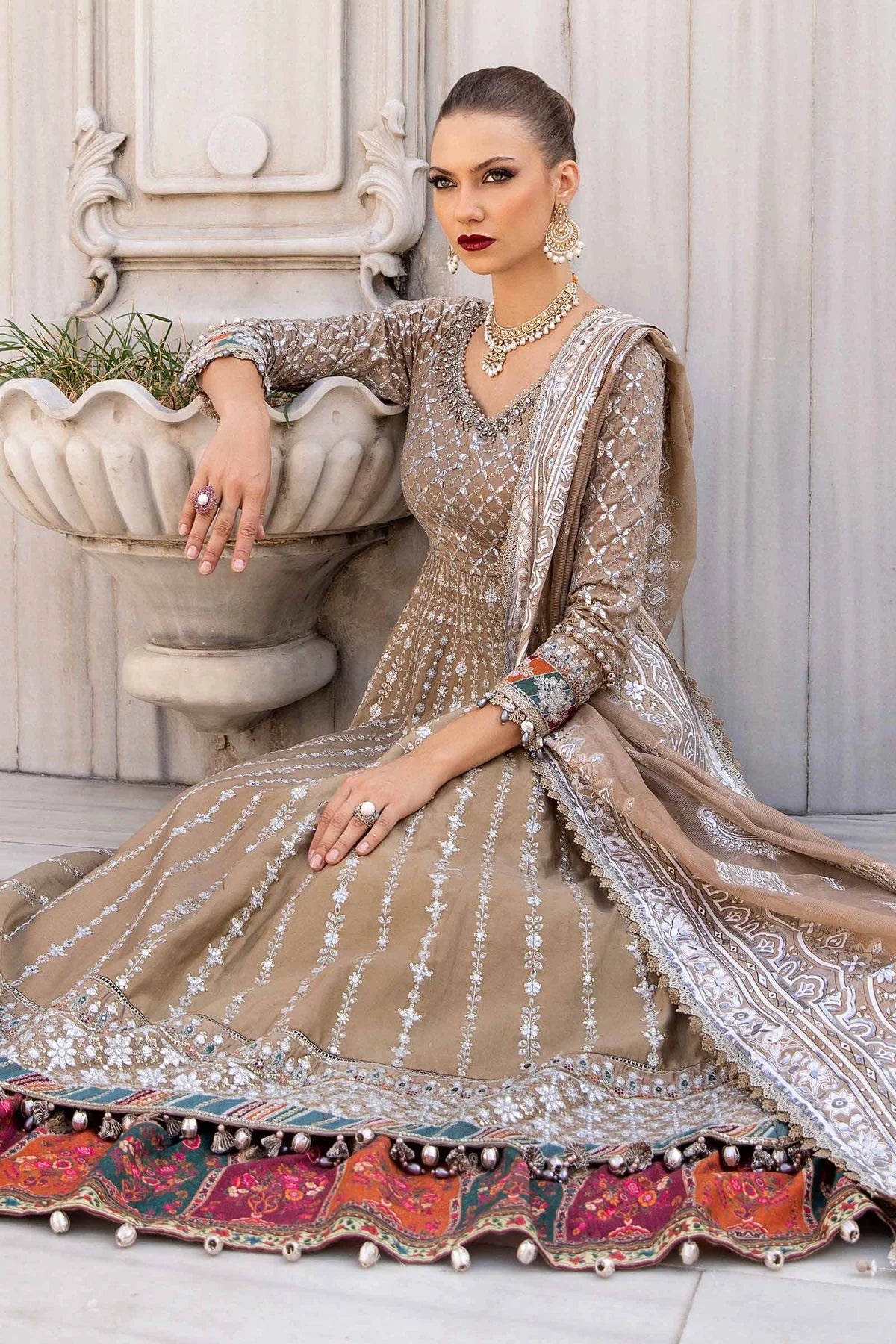 Beige Embroidered Cotton Satin Suit By Maria B