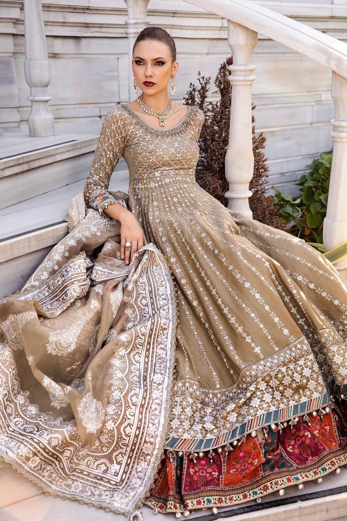 Beige Embroidered Cotton Satin Suit By Maria B