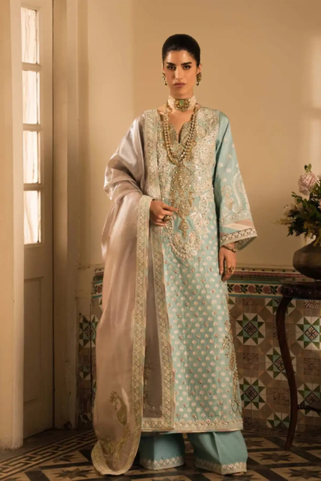 Skyline Saira Shakira sky blue Korean silk stitched formal dress