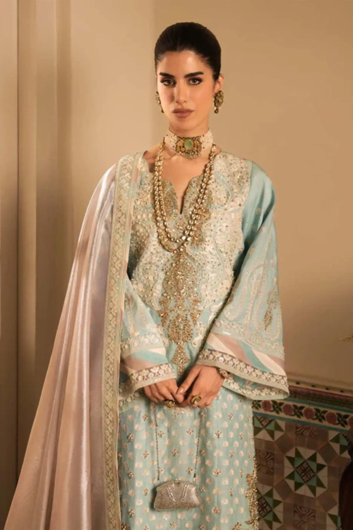 Skyline Saira Shakira sky blue Korean silk stitched formal dress