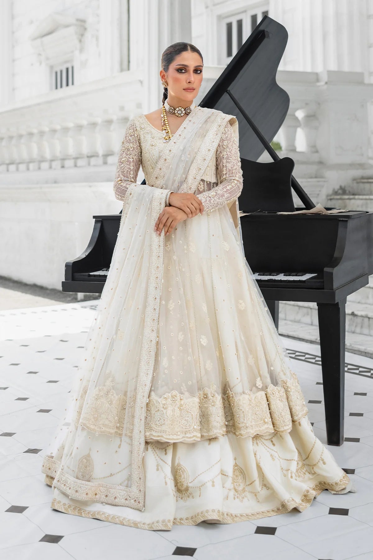 Snow Pearl heavily embroidered Pakistani bridal lehenga pishwas with net dupatta – Erum Khan Jahan Vol IV designer outfit.