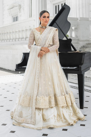 Snow Pearl heavily embroidered Pakistani bridal lehenga pishwas with net dupatta – Erum Khan Jahan Vol IV designer outfit.
