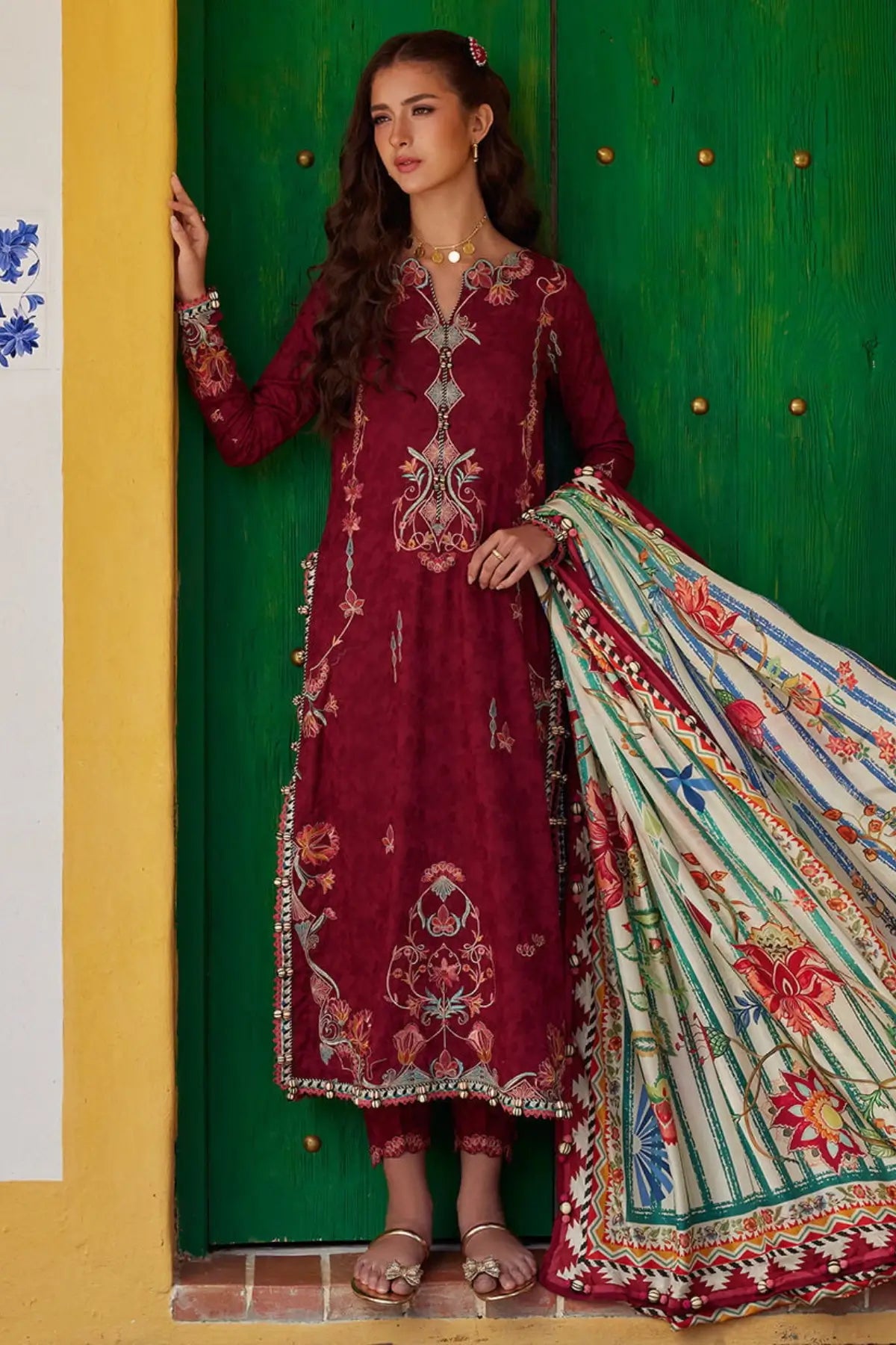 Sofia Scarlet Farah Talib Aziz deep maroon embroidered luxury lawn stitched 3PC suit