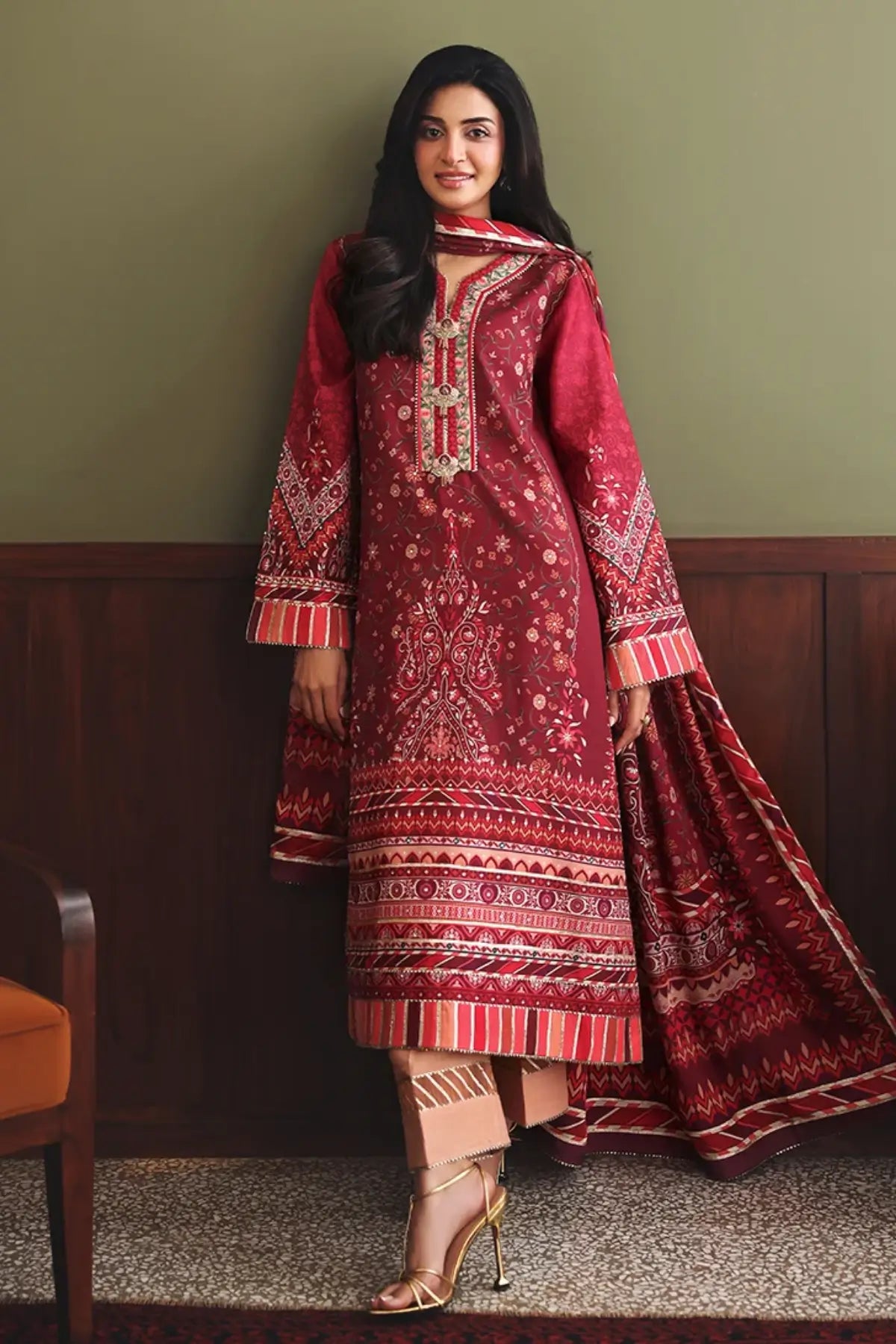 Soft Spotlight Nirvana Anmol Edit red printed embellished raw silk stitched 3PC Pakistani suit with printed silk dupatta