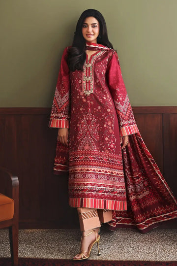 Soft Spotlight Nirvana Anmol Edit red printed embellished raw silk stitched 3PC Pakistani suit with printed silk dupatta