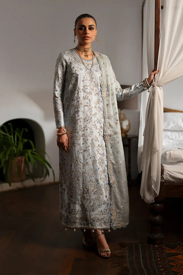 Saad Bin Shahzad Ice Blue Stitched Long Shirt Soha With Culottes And Chiffon Dupatta Luxury Pakistani Wear Pakistanimoda.