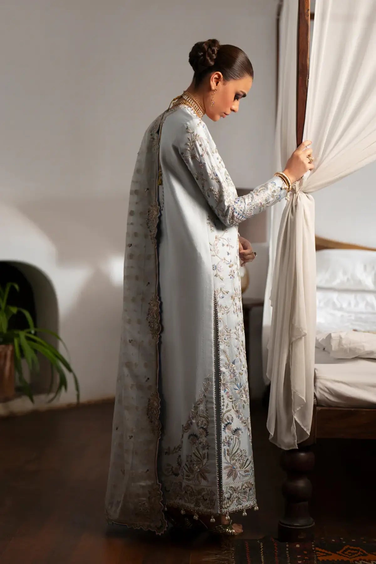 Saad Bin Shahzad Ice Blue Stitched Long Shirt Soha With Culottes And Chiffon Dupatta Luxury Pakistani Wear Pakistanimoda.