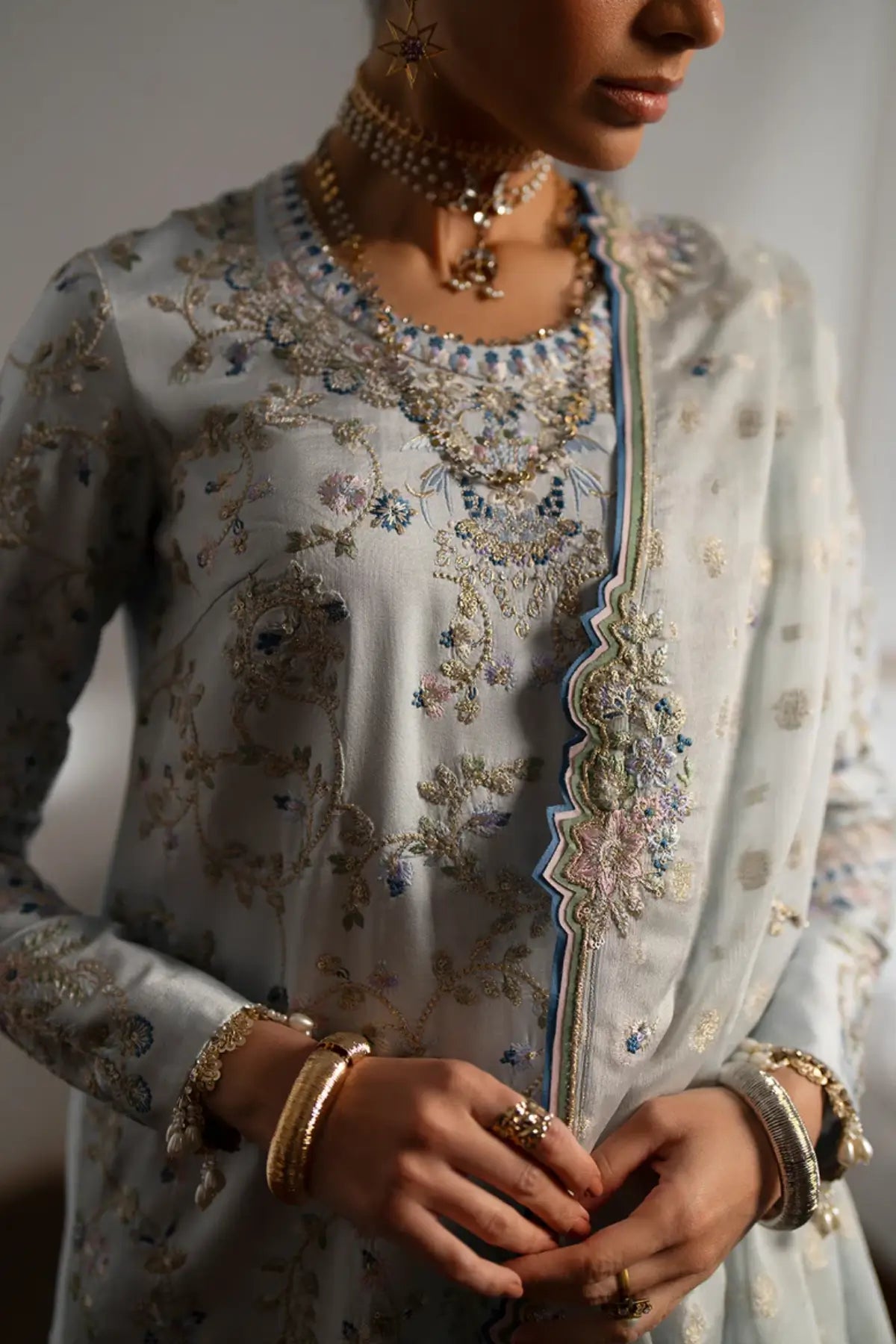 Saad Bin Shahzad Ice Blue Stitched Long Shirt Soha With Culottes And Chiffon Dupatta Luxury Pakistani Wear Pakistanimoda.