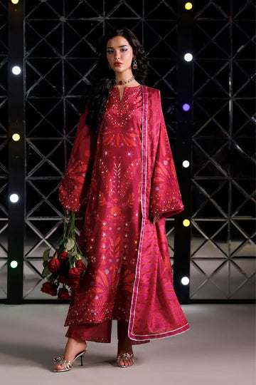 Soie ruby pink printed raw silk wedding stitched 3PC suit with hand embellishments and Tusser silk dupatta