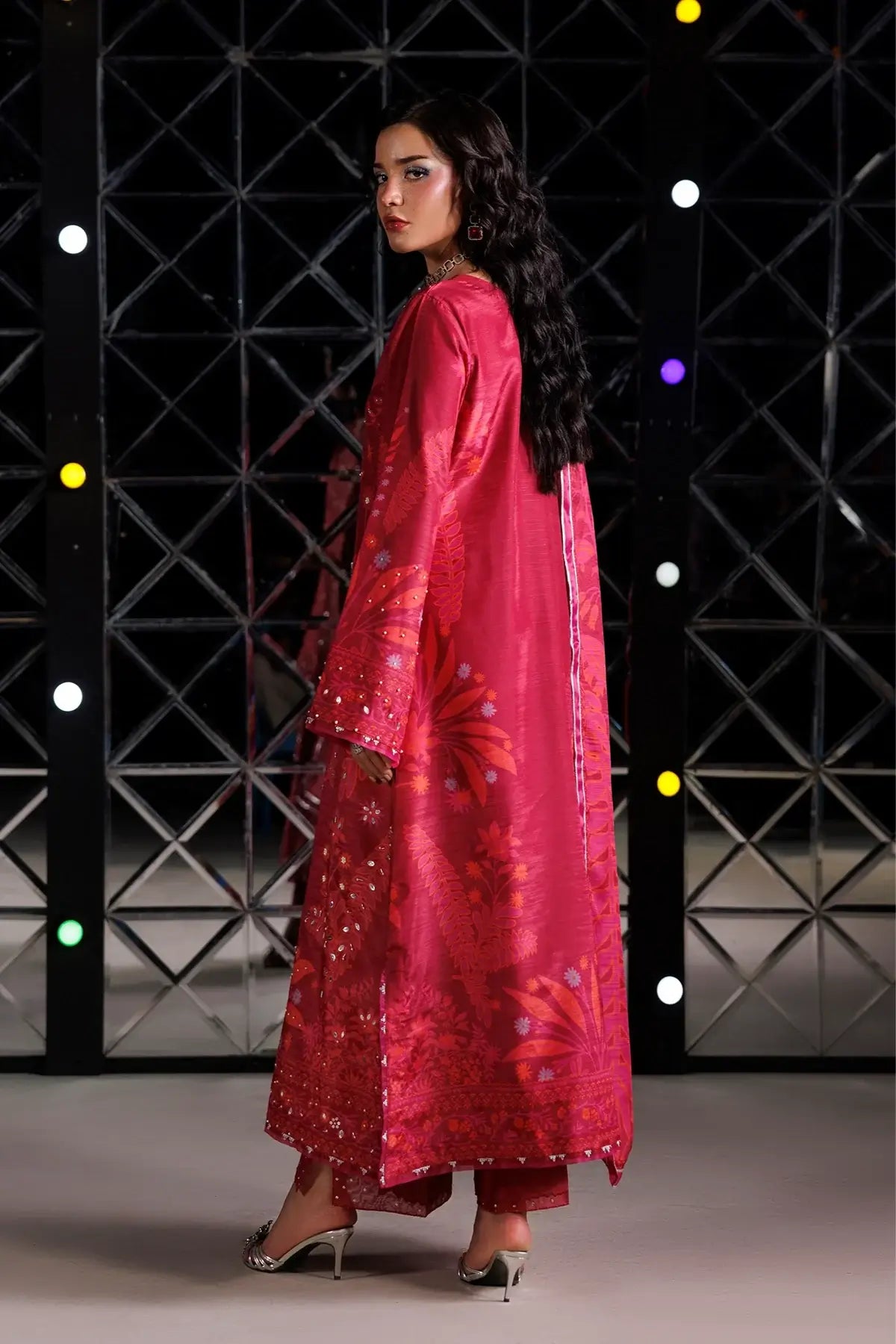 Soie ruby pink printed raw silk wedding stitched 3PC suit with hand embellishments and Tusser silk dupatta