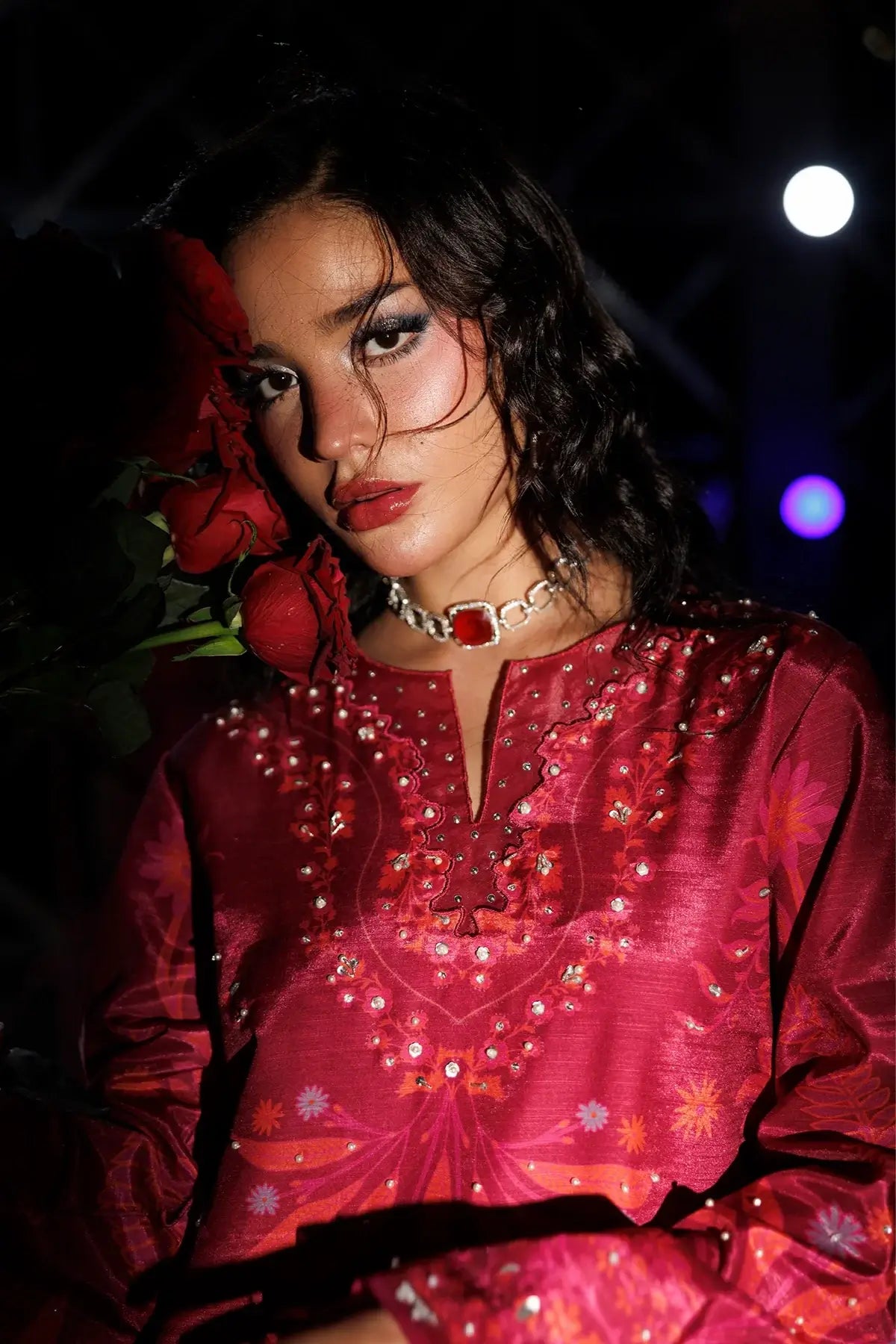 Soie ruby pink printed raw silk wedding stitched 3PC suit with hand embellishments and Tusser silk dupatta