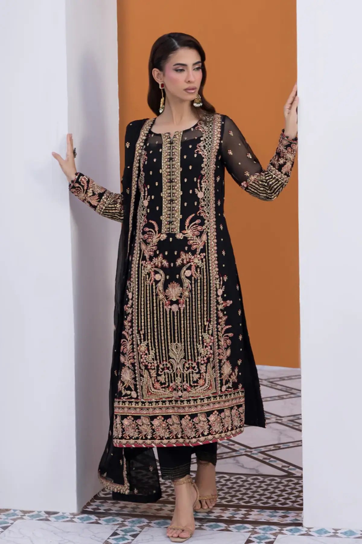 Soir Gulaal Maeri Black Luxury Chiffon Stitched 3PC Suit with sequined embroidery and raw silk trousers