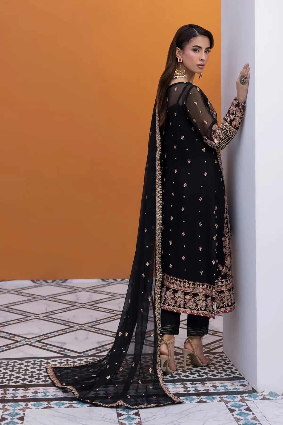 Soir Gulaal Maeri Black Luxury Chiffon Stitched 3PC Suit with sequined embroidery and raw silk trousers