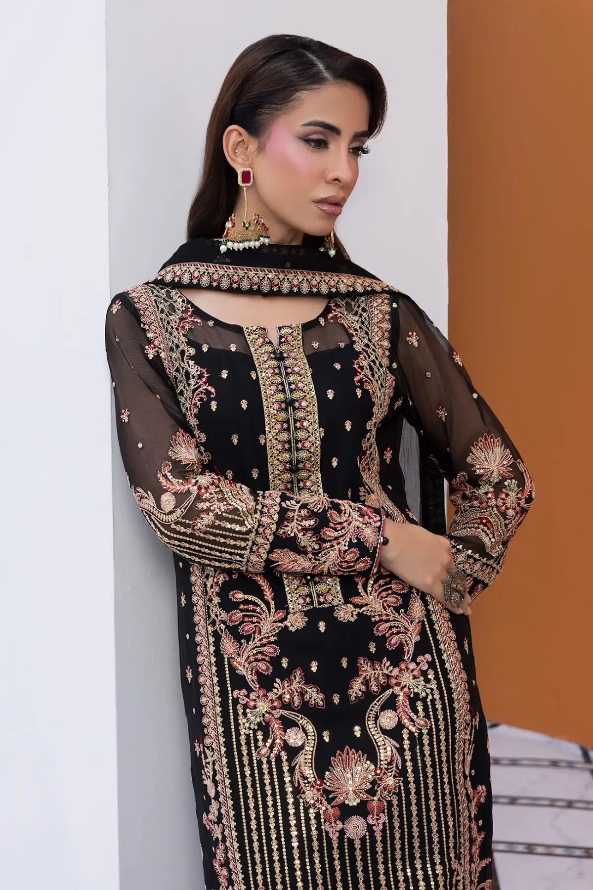 Soir Gulaal Maeri Black Luxury Chiffon Stitched 3PC Suit with sequined embroidery and raw silk trousers