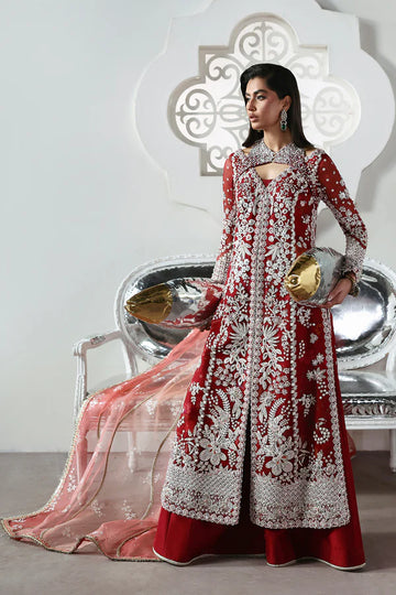 Solara Soraya Lumene Festive Crimson Red Stitched Barat Wear with embellished long shirt, flared trouser and dupatta, available at Pakistanimoda.