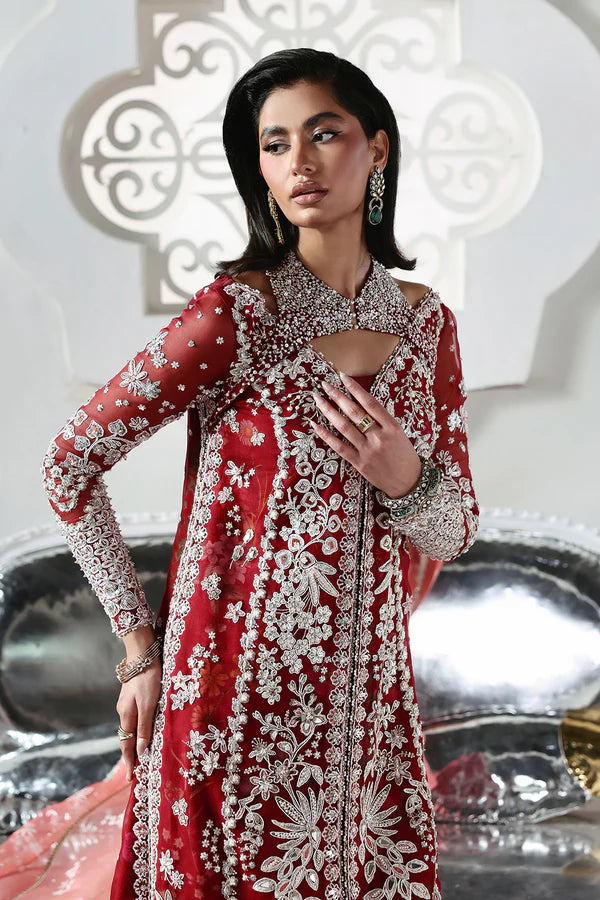 Solara Soraya Lumene Festive Crimson Red Stitched Barat Wear with embellished long shirt, flared trouser and dupatta, available at Pakistanimoda.