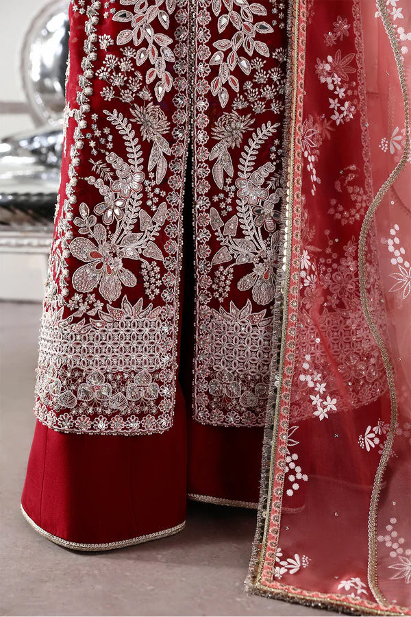 Solara Soraya Lumene Festive Crimson Red Stitched Barat Wear with embellished long shirt, flared trouser and dupatta, available at Pakistanimoda.