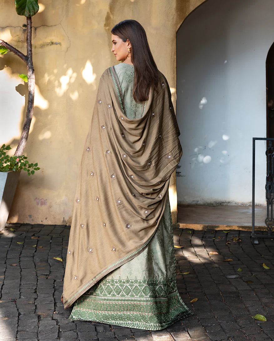 Model wearing Mushq Solare beige brown jacquard embroidered winter dress with dobby shawl – Winter Broadway 2025