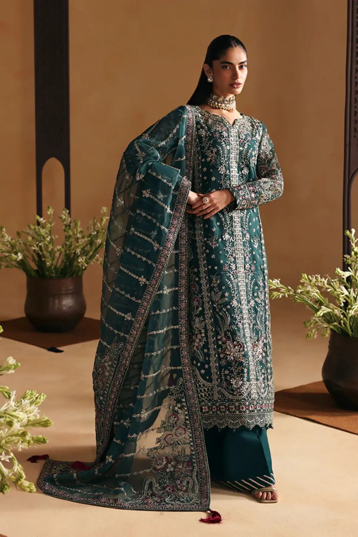 Solin by Gulaal Jasper Green luxury Pakistani organza sharara suit stitched and available online at Pakistanimoda.