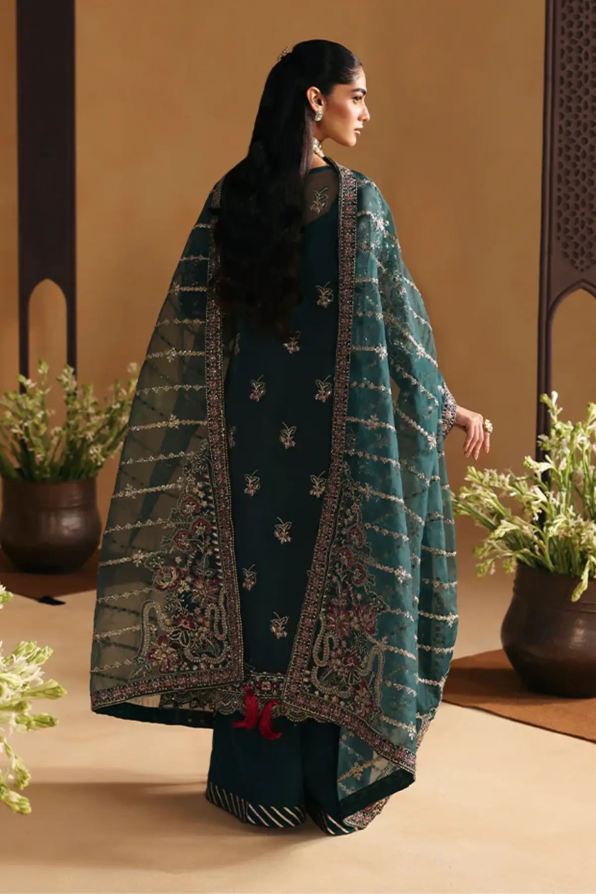 Solin by Gulaal Jasper Green luxury Pakistani organza sharara suit stitched and available online at Pakistanimoda.