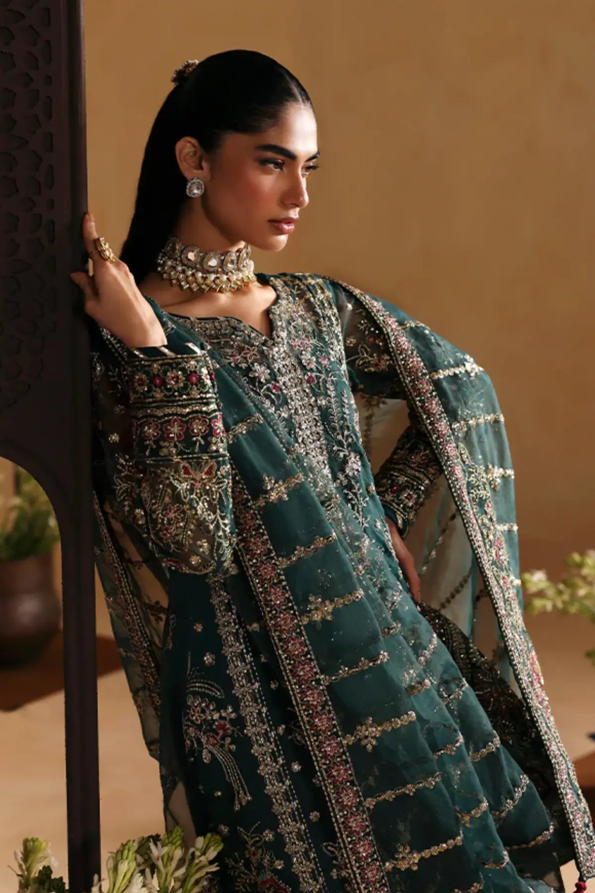 Solin by Gulaal Jasper Green luxury Pakistani organza sharara suit stitched and available online at Pakistanimoda.