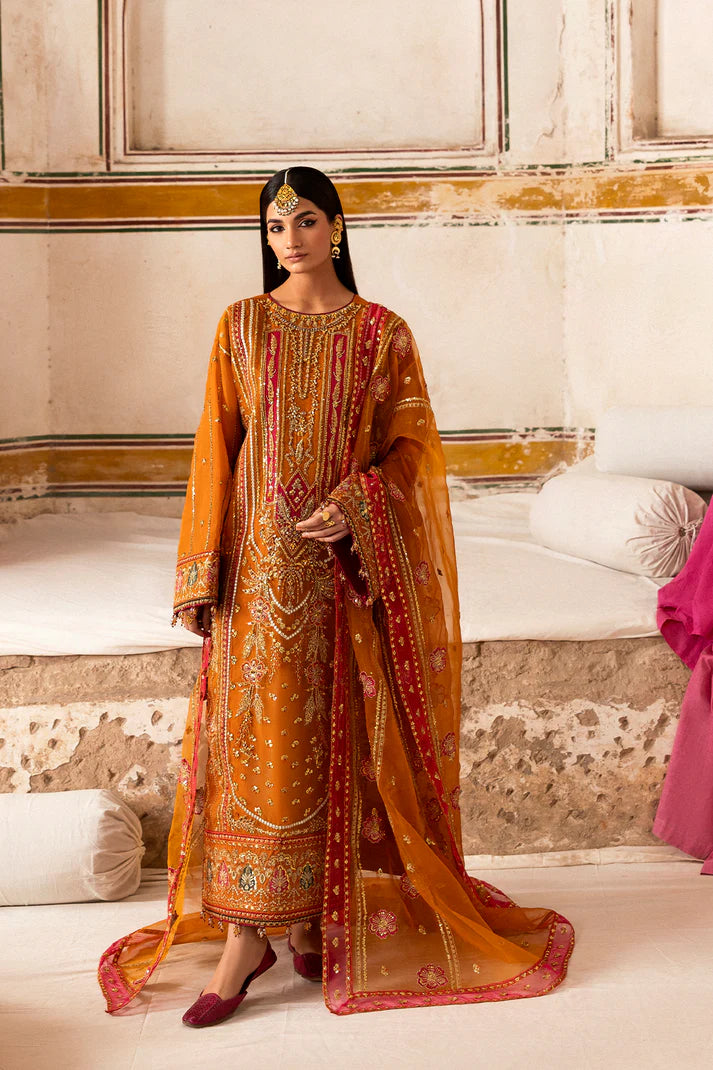 Solmira mustard orange embroidered outfit with dupatta by Emaan Adeel, luxury pret wear for weddings and festive events, available at Pakistanimoda.com.
