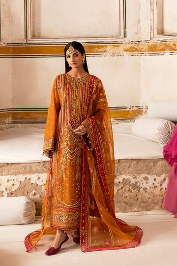 Solmira mustard orange embroidered outfit with dupatta by Emaan Adeel, luxury pret wear for weddings and festive events, available at Pakistanimoda.com.