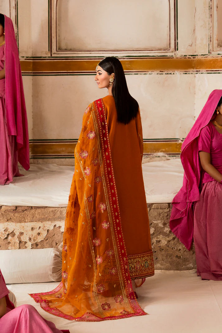 Solmira mustard orange embroidered outfit with dupatta by Emaan Adeel, luxury pret wear for weddings and festive events, available at Pakistanimoda.com.