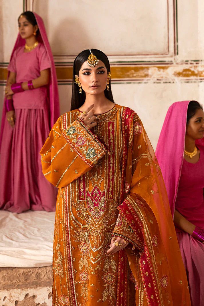 Solmira mustard orange embroidered outfit with dupatta by Emaan Adeel, luxury pret wear for weddings and festive events, available at Pakistanimoda.com.