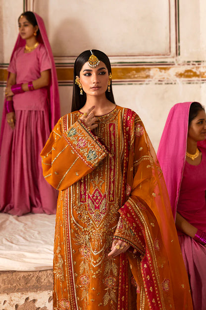 Solmira mustard orange embroidered outfit with dupatta by Emaan Adeel, luxury pret wear for weddings and festive events, available at Pakistanimoda.com.