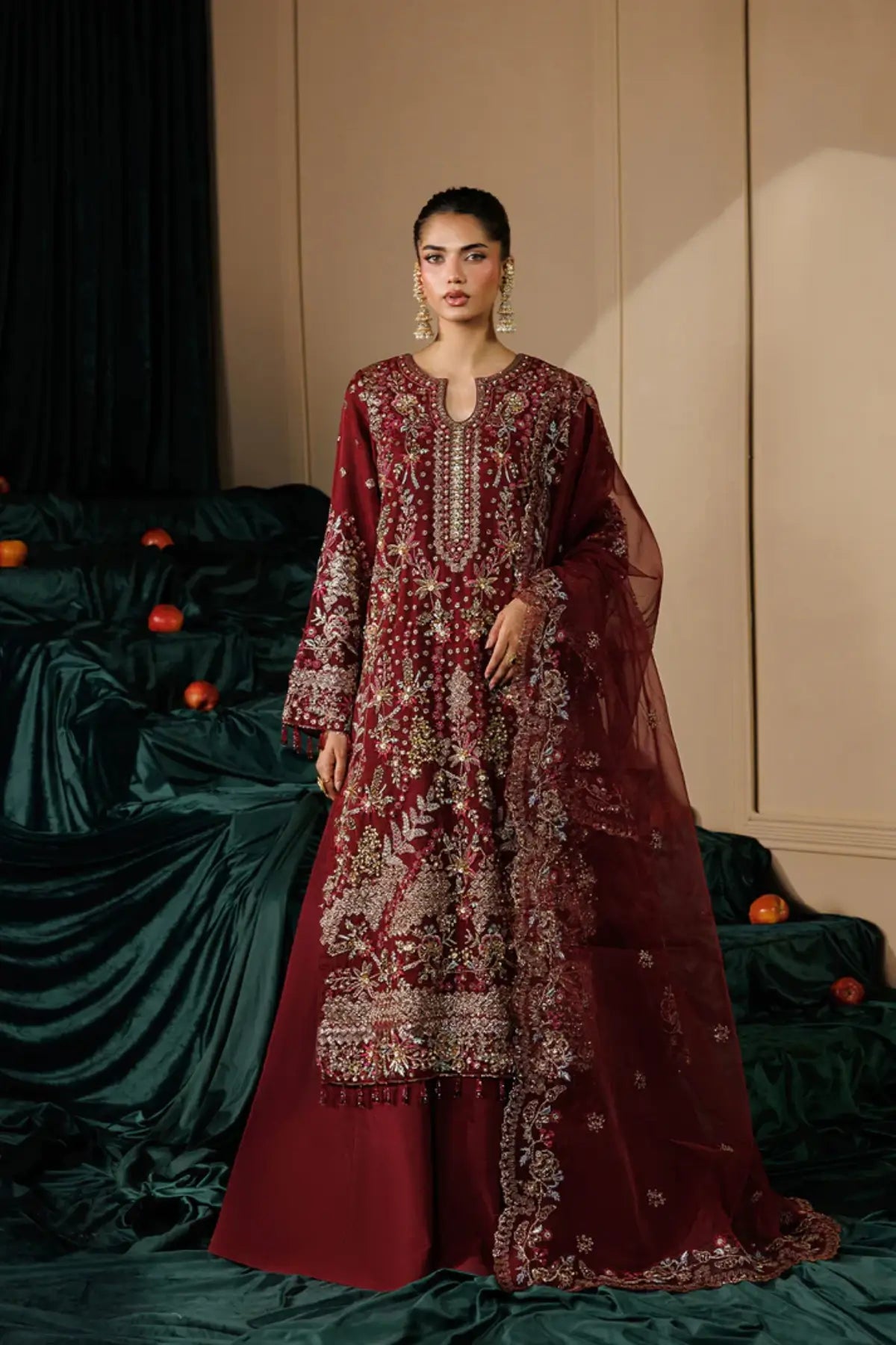 Solstice by Emaan Adeel Maroon Embroidered Organza Stitched Suit from Celeste Festive Edit'26 Collection