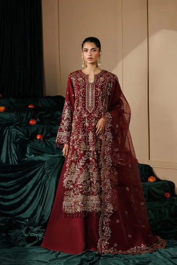 Solstice by Emaan Adeel Maroon Embroidered Organza Stitched Suit from Celeste Festive Edit'26 Collection