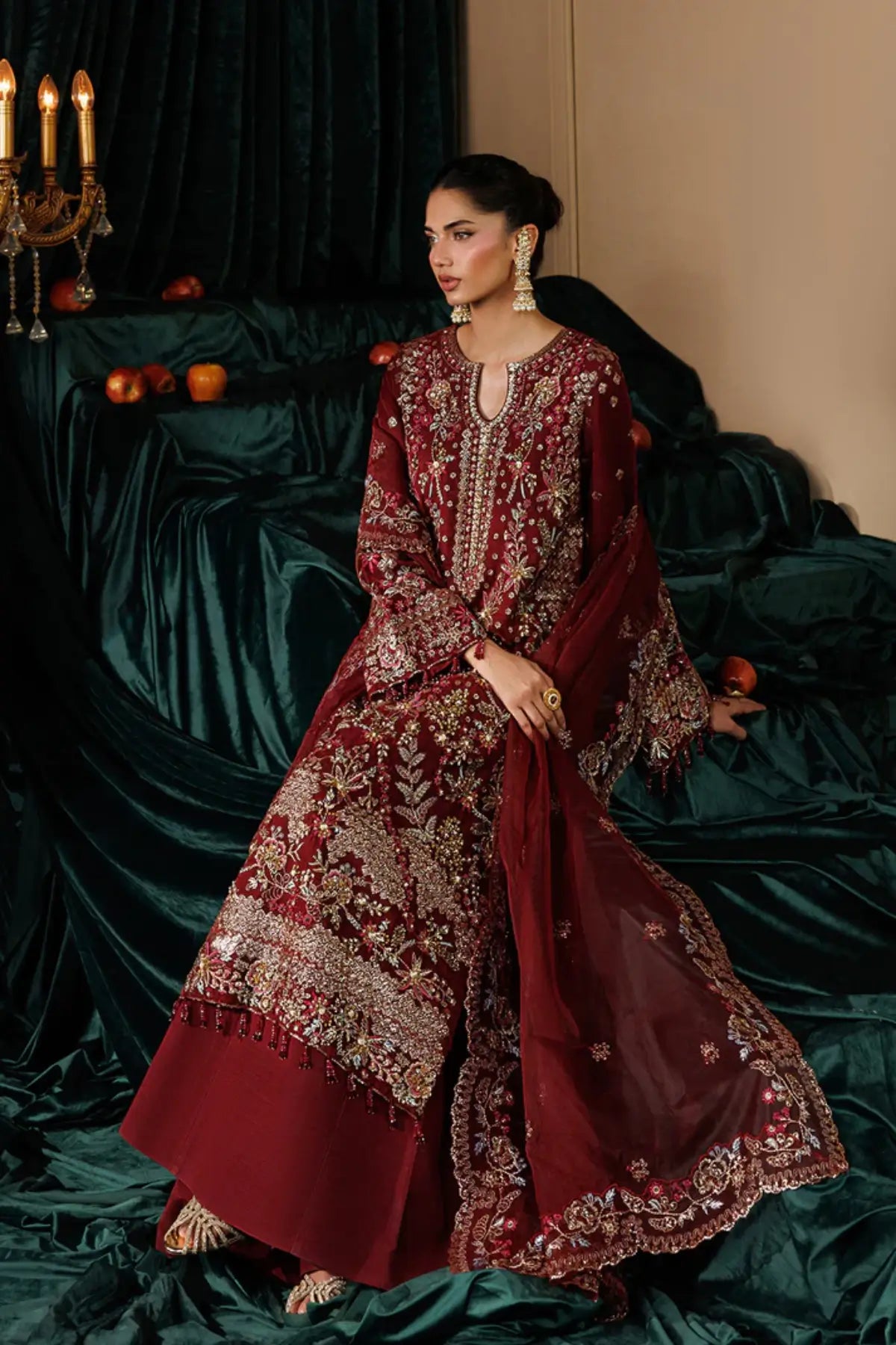 Solstice by Emaan Adeel Maroon Embroidered Organza Stitched Suit from Celeste Festive Edit'26 Collection