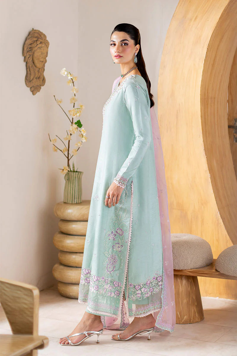 Solstice Pakistani semi-formal mint raw silk 3-piece suit – Pakistanimoda