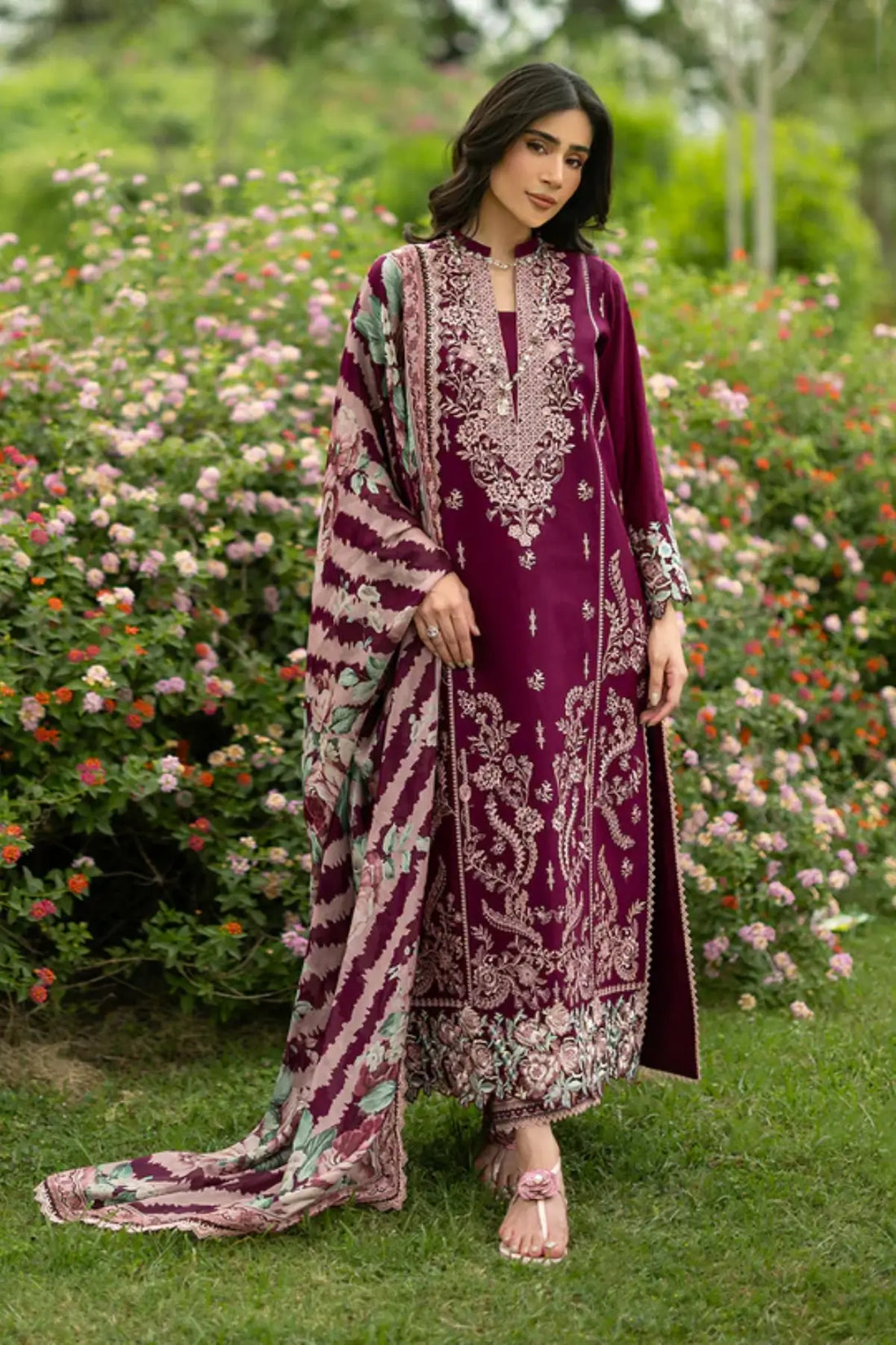 Soma 07 plum stitched lawn 3PC suit with silk dupatta by Zainab Chottani Pakistanimoda
