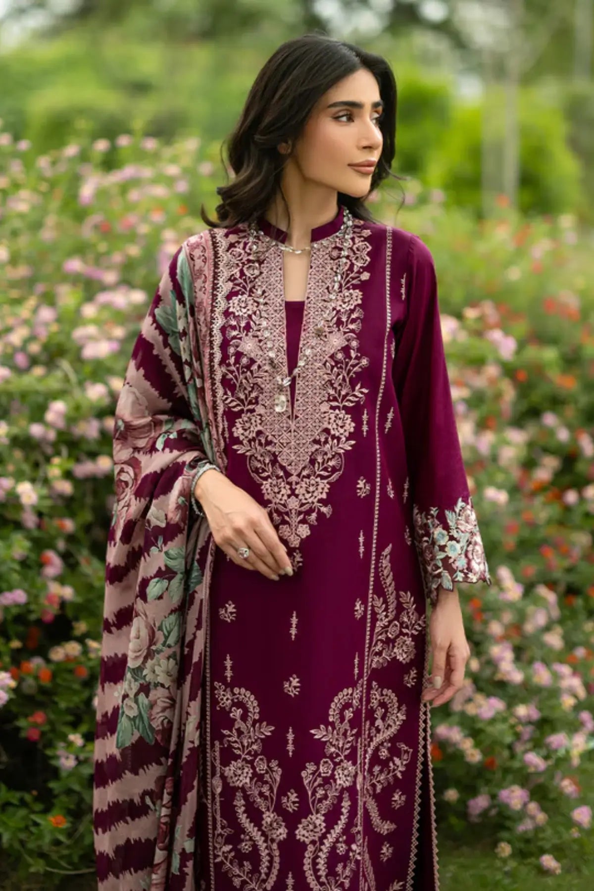 Soma 07 plum stitched lawn 3PC suit with silk dupatta by Zainab Chottani Pakistanimoda