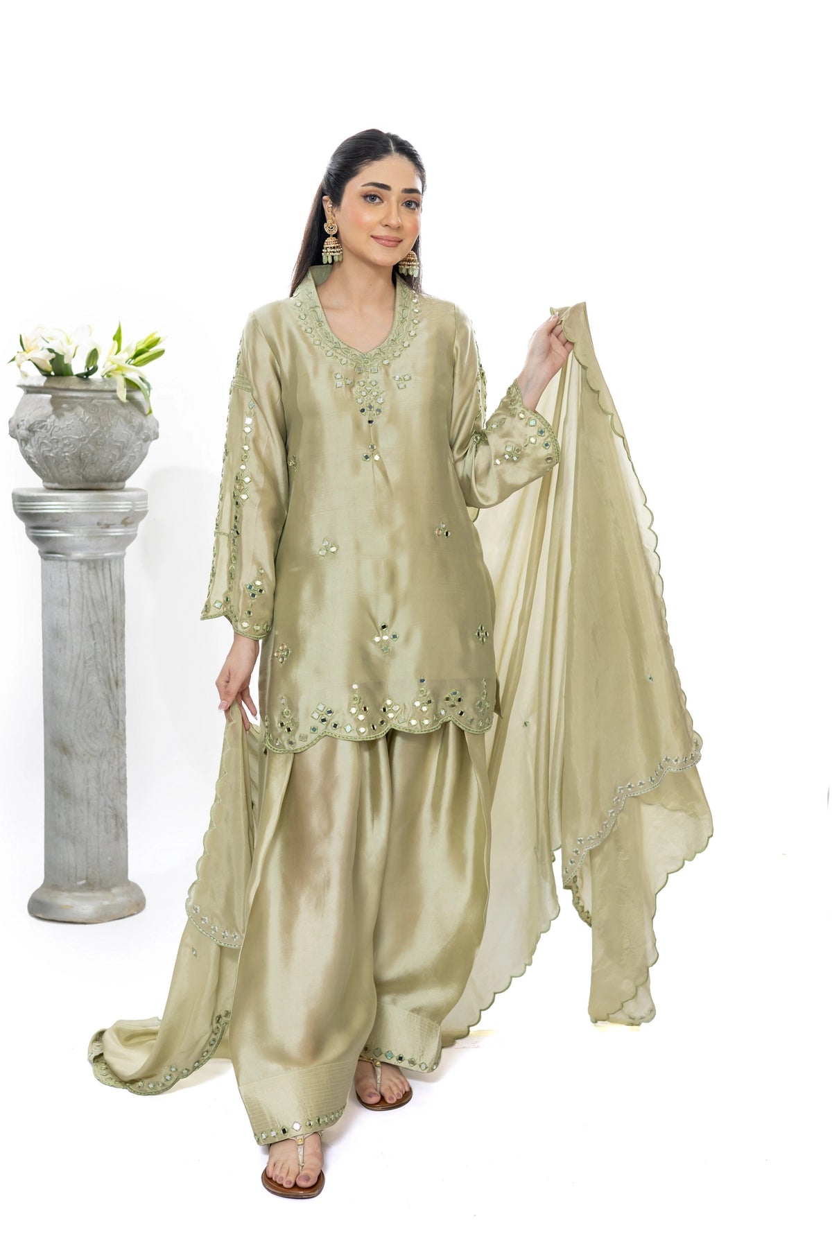 Sonakshi olive green Sheesha silk farshi shalwar kameez with medium silk dupatta by MariamRaj